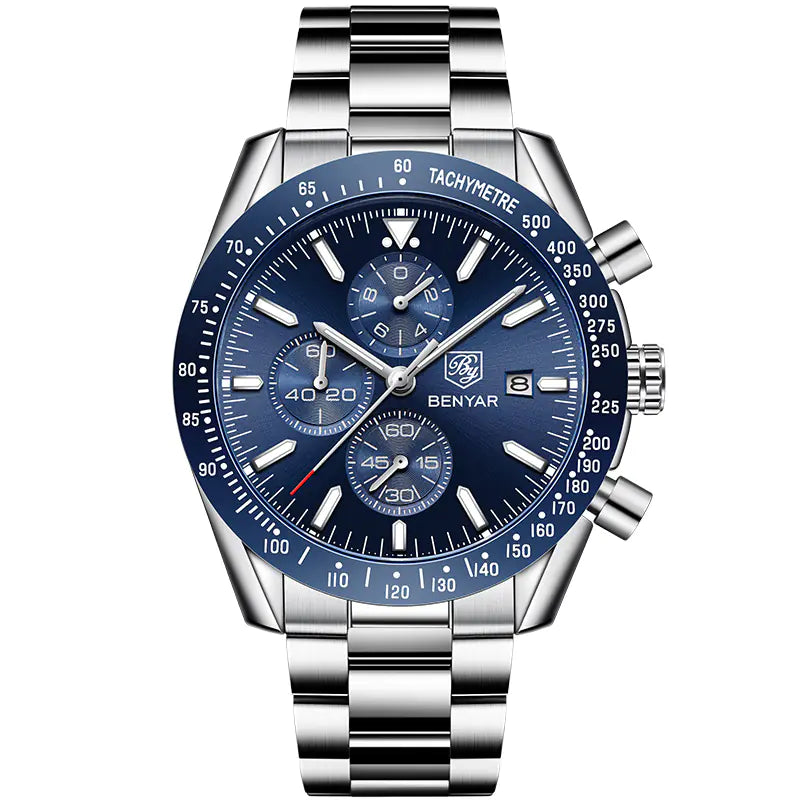 Benyar Waterproof Quartz Men's Watch with Steel Band