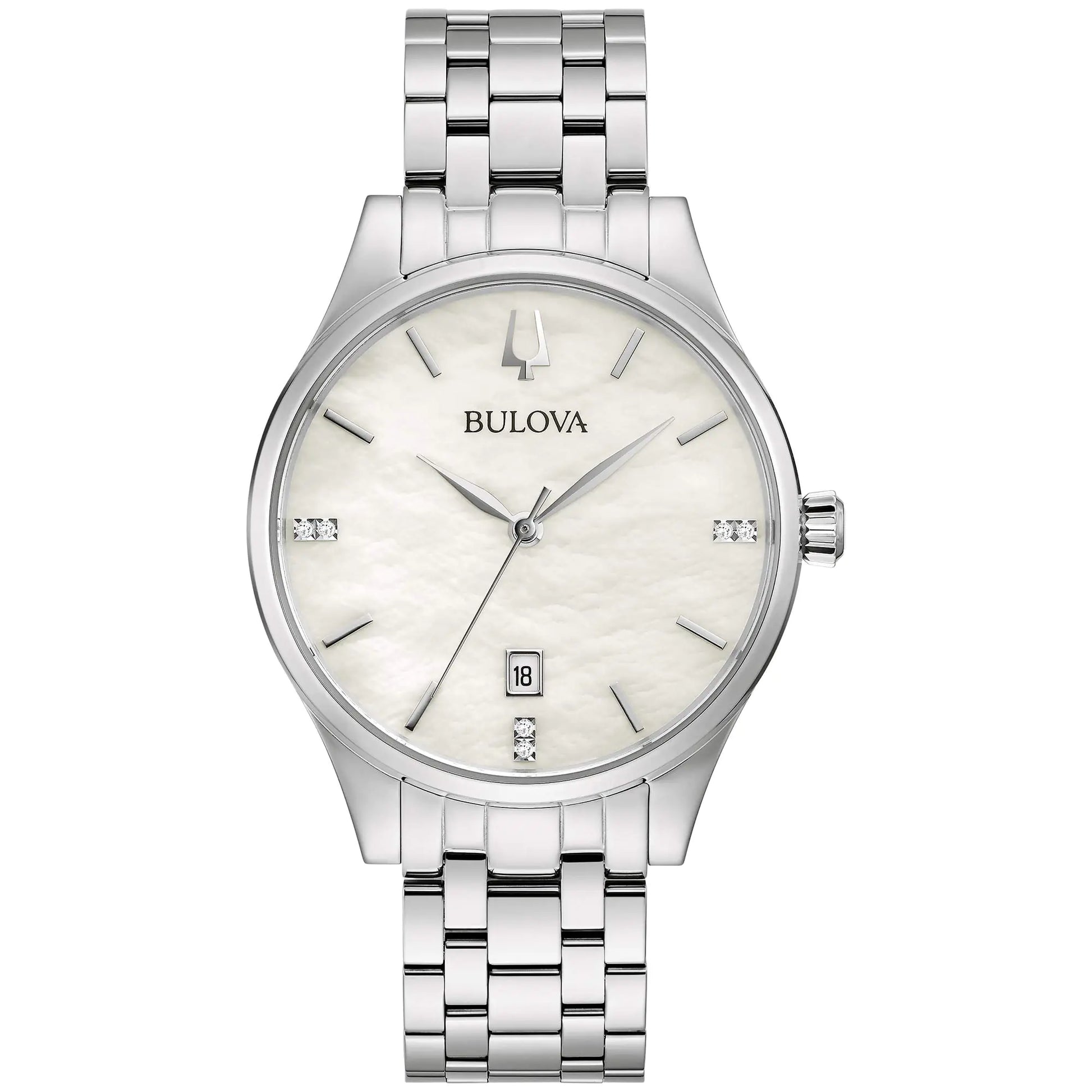 Bulova Womens Classic Diamond Dial Stainless Steel 3-Hand Calendar Date Quartz Watch White Mother-of-Pearl Style: 96P220